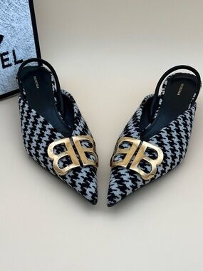 Balenciaga Black & White Houndstooth Pointed Slingback Mules with Gold BB Emblem